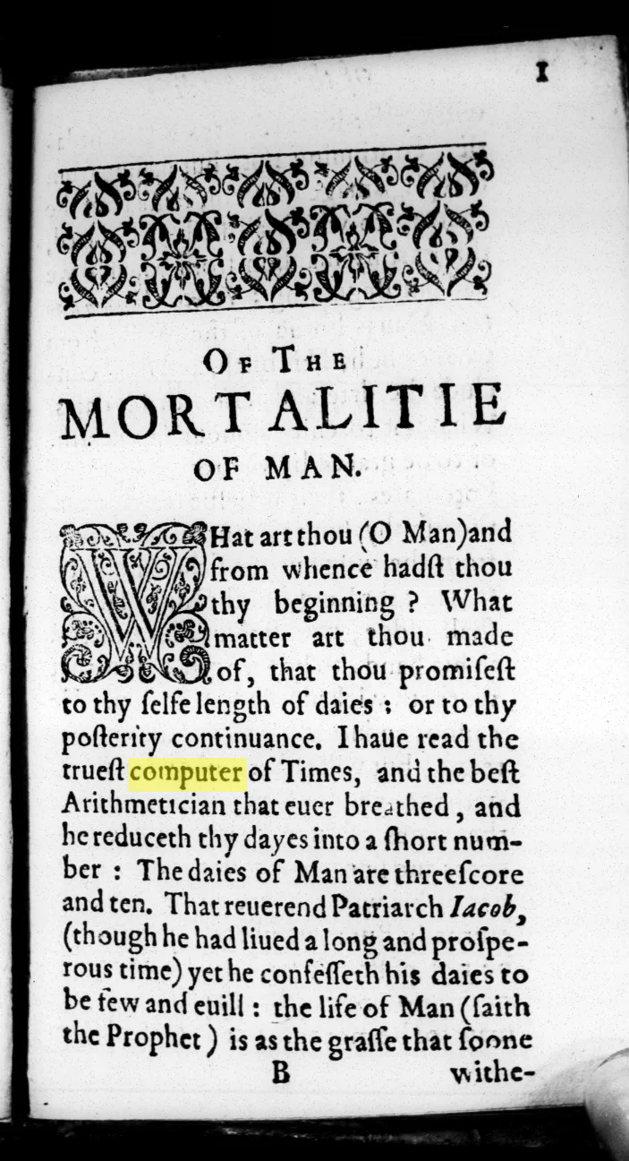 A page from the 1600s publication "Of The Mortalitie Of Man".